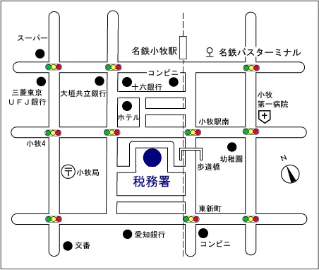 小牧税務署(愛知県小牧市中央1丁目424番地)の案内図・所在地マップ