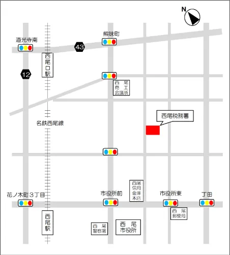 西尾税務署(愛知県西尾市熊味(くまみ)町南十五夜41番地の1)の案内図・所在地マップ