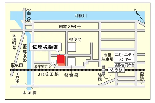 佐原税務署(千葉県香取市北1丁目4番地1)の案内図・所在地マップ