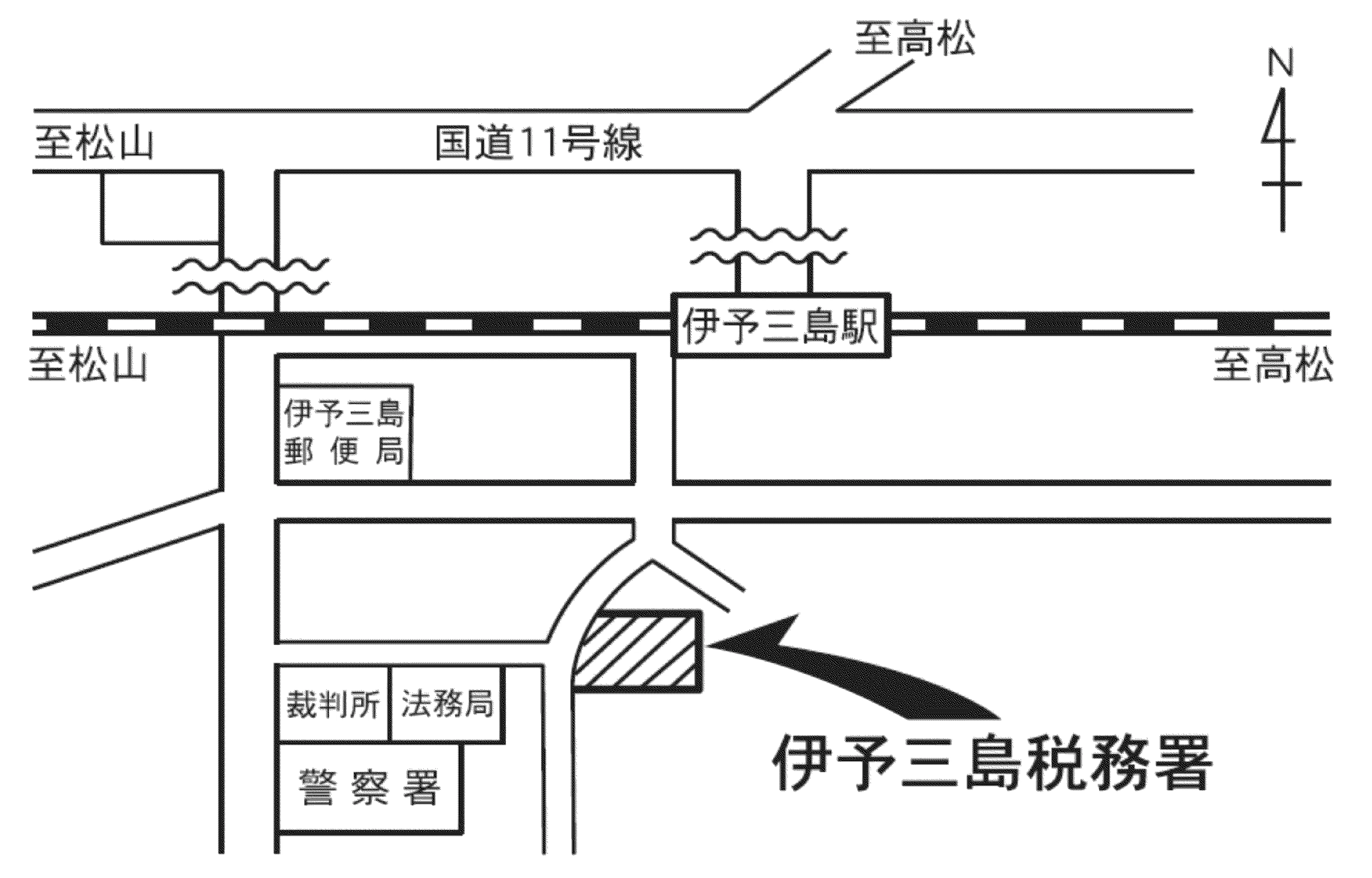 伊予三島税務署(愛媛県四国中央市三島中央5丁目9番45号)の案内図・所在地マップ