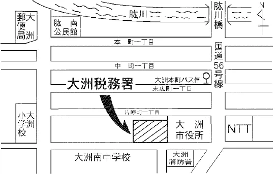 大洲税務署(愛媛県大洲市大洲689番地)の案内図・所在地マップ