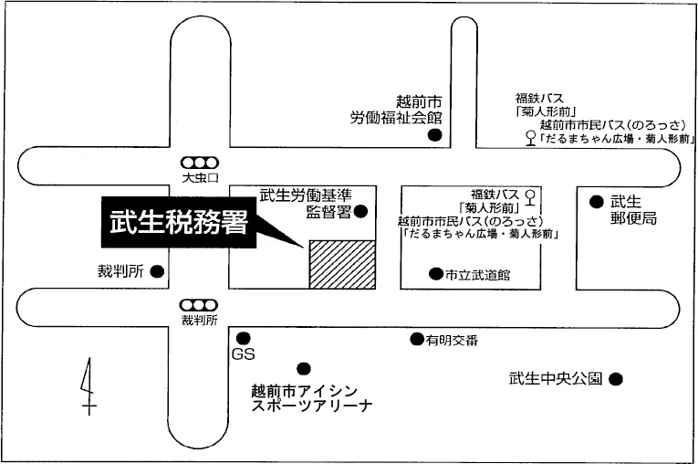 武生税務署(福井県越前市中央1丁目6番12号)の案内図・所在地マップ