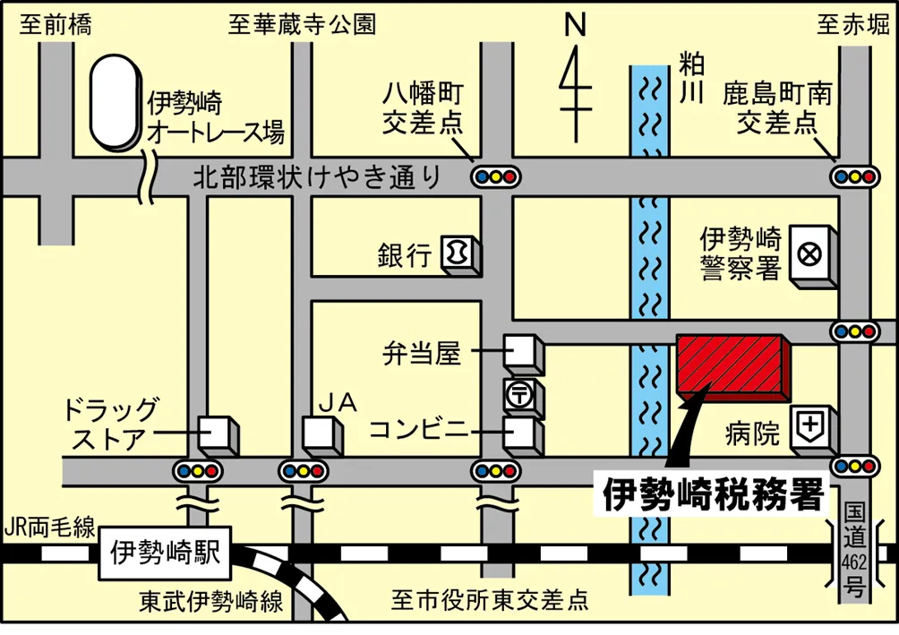 伊勢崎税務署(群馬県伊勢崎市鹿島町562番地の1)の案内図・所在地マップ