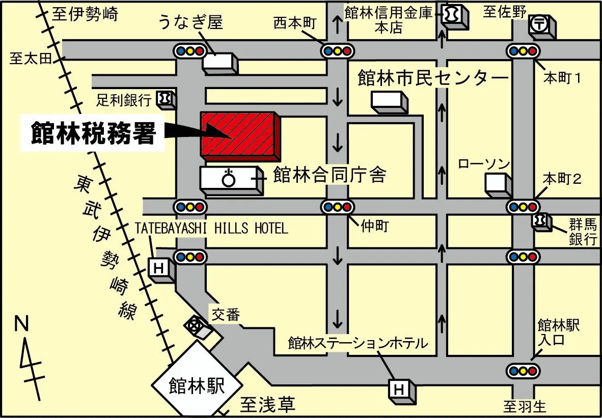 館林税務署(群馬県館林市仲町11番12号)の案内図・所在地マップ
