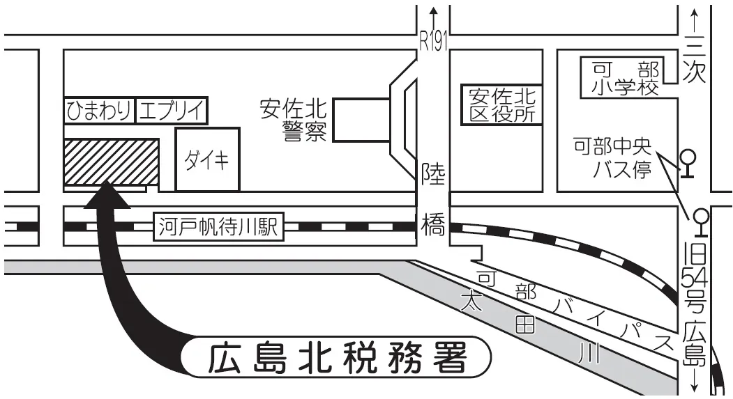 広島北税務署(広島県広島市安佐北区亀山2丁目25番10号)の案内図・所在地マップ