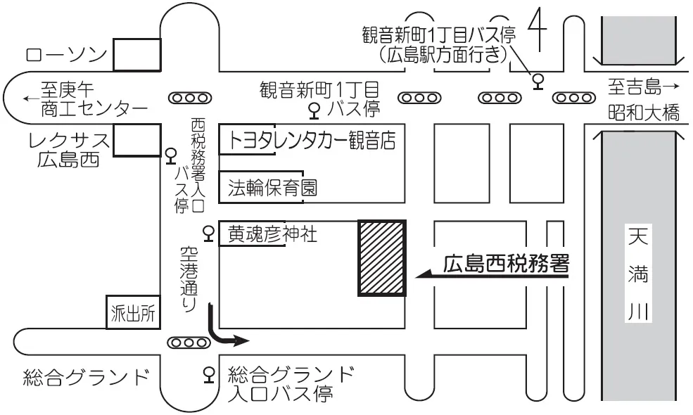 広島西税務署(広島県広島市西区観音新町1丁目17番3号)の案内図・所在地マップ