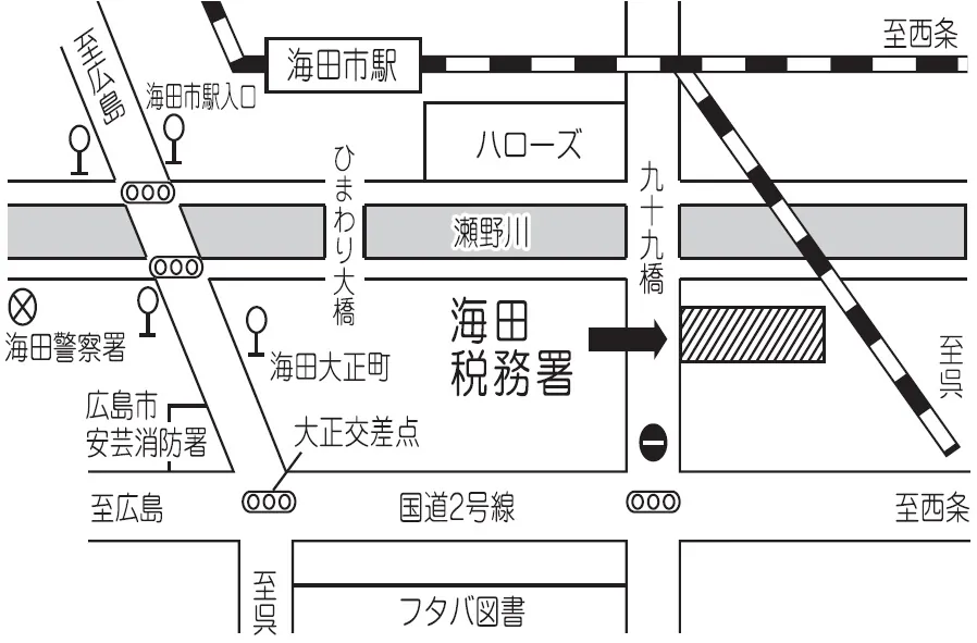 海田税務署(広島県安芸郡海田町大正町1番13号)の案内図・所在地マップ