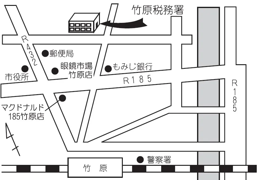 竹原税務署(広島県竹原市中央3丁目2番12号)の案内図・所在地マップ