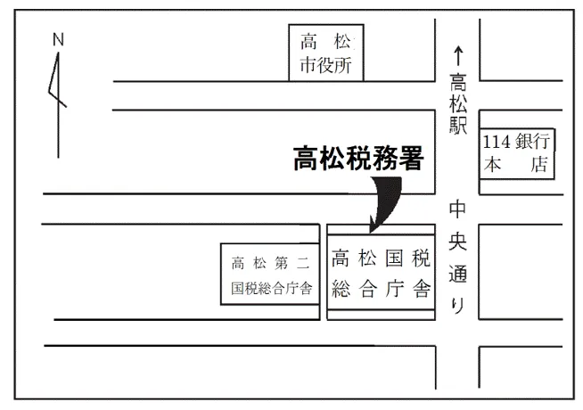 高松税務署(香川県高松市天神前2番10号 高松国税総合庁舎)の案内図・所在地マップ