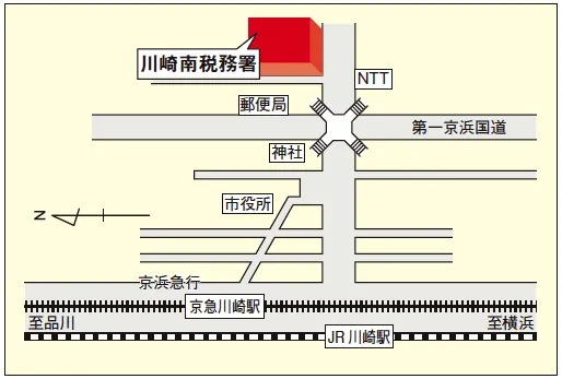 川崎南税務署(神奈川県川崎市川崎区榎町3番18号)の案内図・所在地マップ