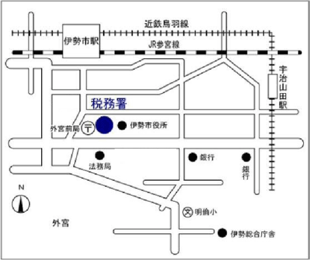 伊勢税務署(三重県伊勢市岩渕一丁目2番24号)の案内図・所在地マップ