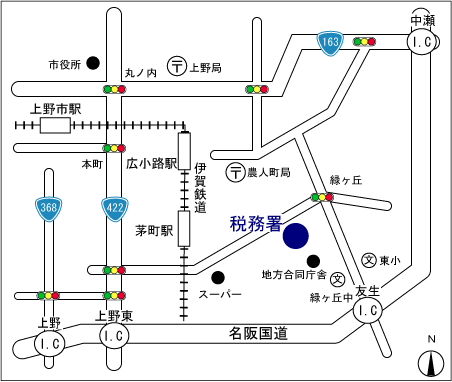 上野税務署(三重県伊賀市緑ヶ丘本町1680番地)の案内図・所在地マップ