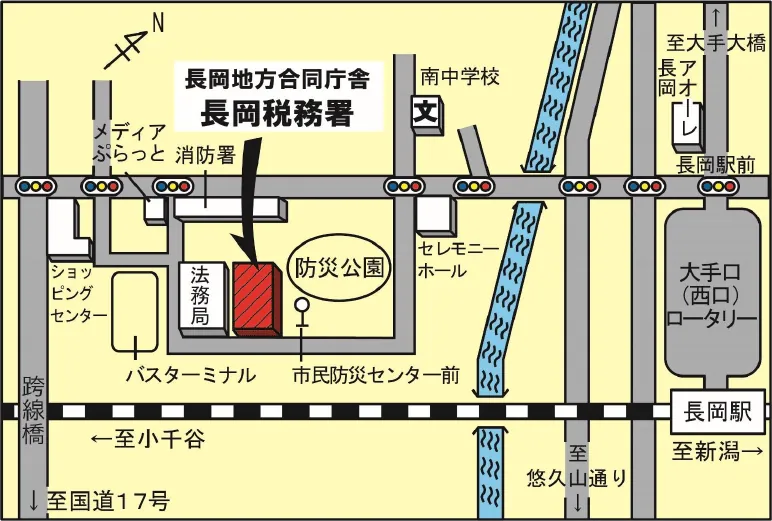 長岡税務署(新潟県長岡市千歳1丁目3番88号 長岡地方合同庁舎)の案内図・所在地マップ