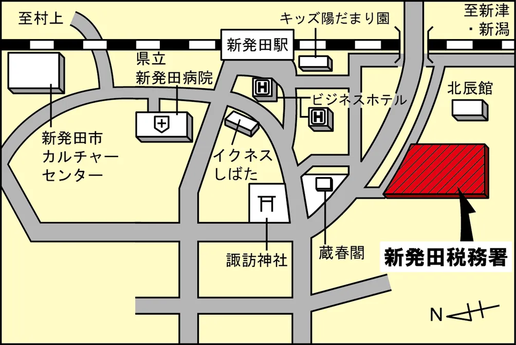 新発田税務署(新潟県新発田市諏訪町1丁目12番24号)の案内図・所在地マップ