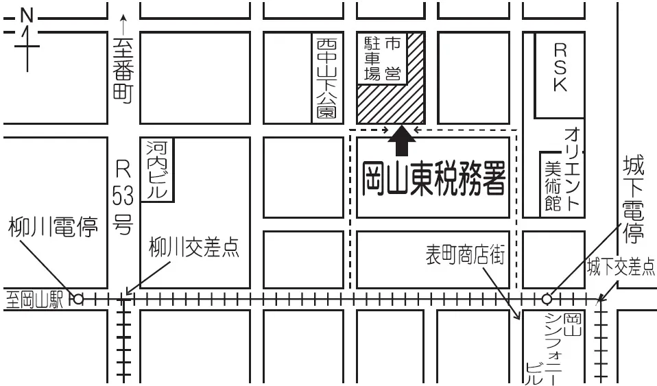 岡山東税務署(岡山県岡山市北区天神町3番23号)の案内図・所在地マップ
