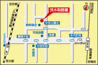 茨木税務署(大阪府茨木市上中条1丁目9番21号)の案内図・所在地マップ