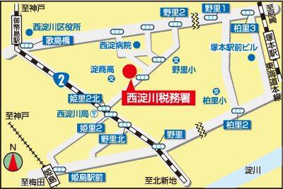 西淀川税務署(大阪府大阪市西淀川区野里3丁目12番32号)の案内図・所在地マップ