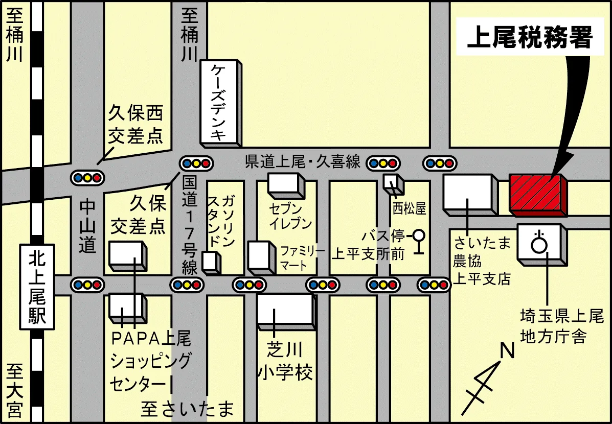 上尾税務署(埼玉県上尾市大字西門前577番地)の案内図・所在地マップ