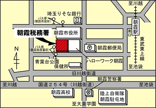 朝霞税務署(埼玉県朝霞市本町1丁目1番46号)の案内図・所在地マップ
