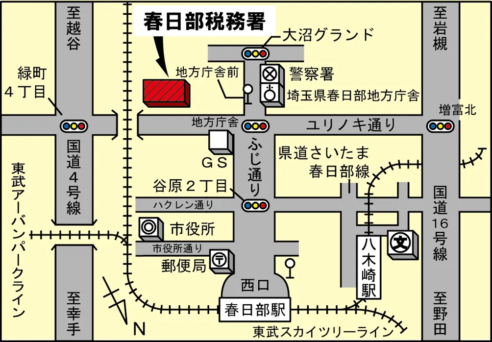春日部税務署(埼玉県春日部市大沼2丁目12番地1)の案内図・所在地マップ