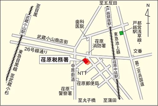 荏原税務署(東京都品川区中延1丁目1番5号)の案内図・所在地マップ