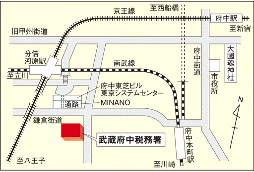 武蔵府中税務署(東京都府中市本町4丁目2番地)の案内図・所在地マップ