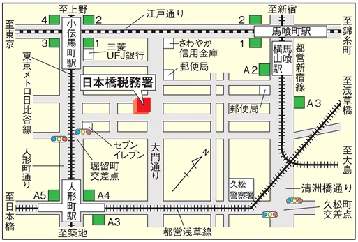 日本橋税務署(東京都中央区日本橋堀留町2丁目6番9号)の案内図・所在地マップ