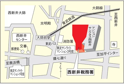 西新井税務署(東京都足立区栗原3丁目10番16号)の案内図・所在地マップ
