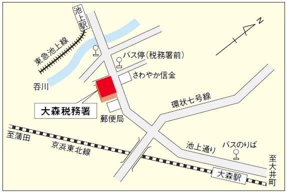 大森税務署(東京都大田区中央7丁目4番18号)の案内図・所在地マップ