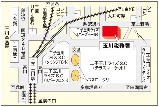 玉川税務署(東京都世田谷区玉川2丁目1番7号)の案内図・所在地マップ