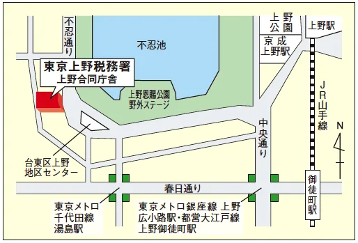 東京上野税務署(東京都台東区池之端1丁目2番22号上野合同庁舎)の案内図・所在地マップ