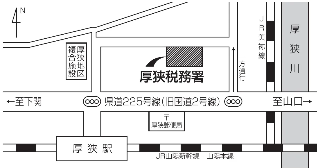 厚狭税務署(山口県山陽小野田市大字鴨庄111番地1)の案内図・所在地マップ