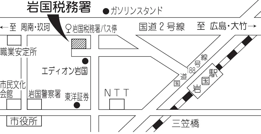 岩国税務署(山口県岩国市麻里布(まりふ)町7丁目9番37号)の案内図・所在地マップ